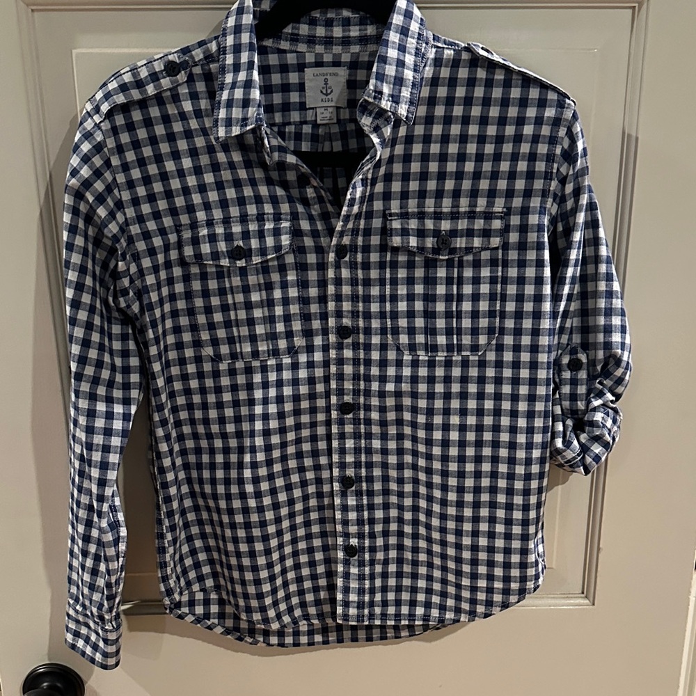 Lands’ End Kids | Navy and White Plaid Button Down Shirt